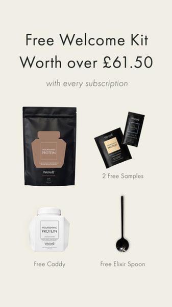 A clean, minimalist 9:16 static ad highlighting a £61.50 free welcome kit incentive for new subscription customers.
